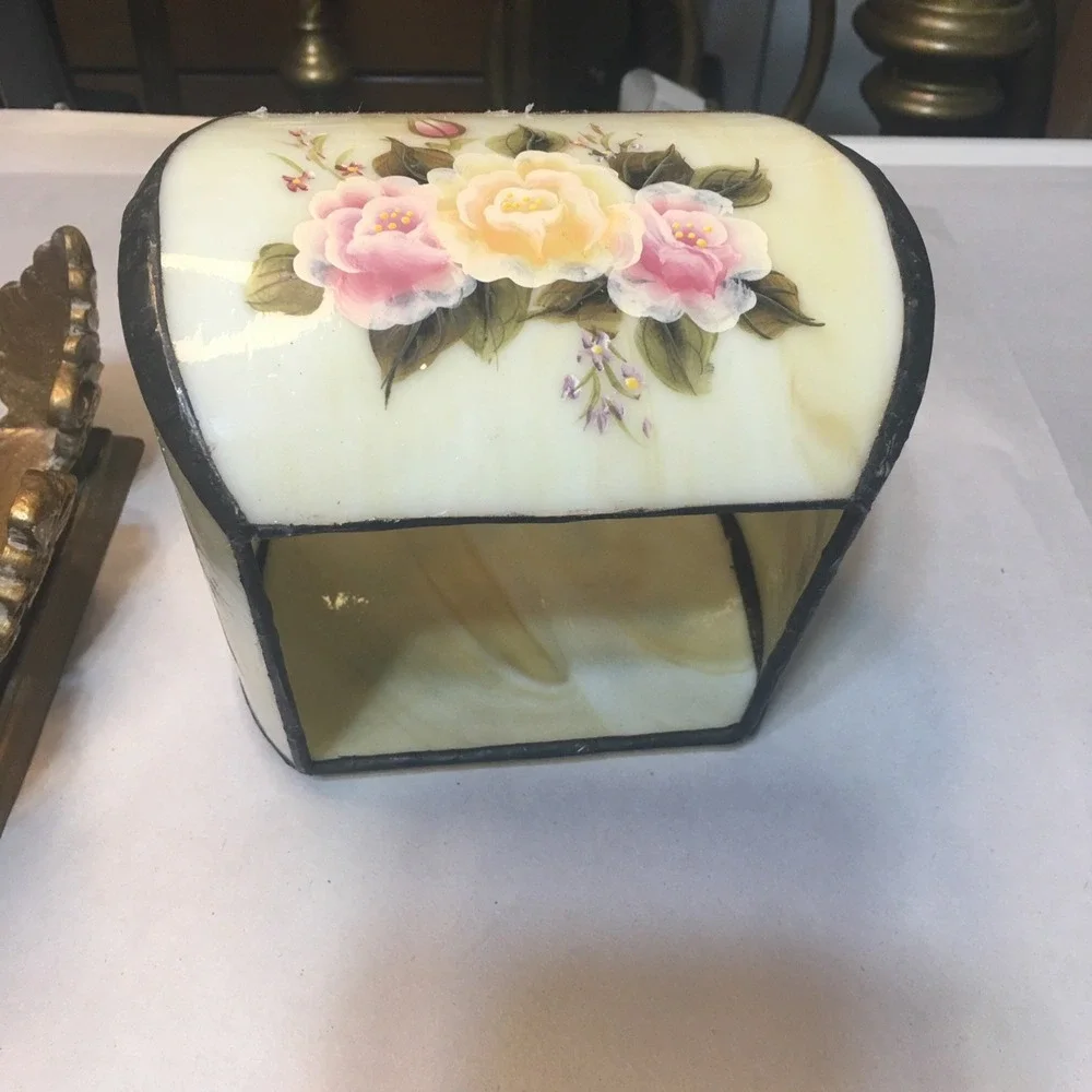 VTG Storage Box Or Tea Lite Holder With Handpainted Roses Cottage Shabby Chic
